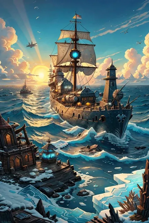 masterpiece, best quality,
Ravaged ship in the ocean, a woman is standing in the distance from the ocean's shore, a young, wearing sunglasses, looking like a warhammer, a submarine and warship made of warcraft, made of wood or ice, made of stone,