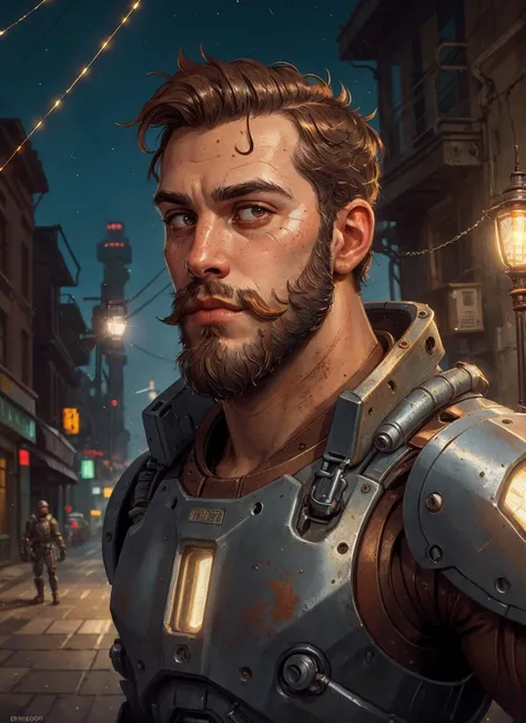 close up Portrait photo of muscular bearded guy in a worn mech suit, ((light bokeh)), intricate, (steel metal [rust]), elegant, sharp focus, photo by greg rutkowski, soft lighting, vibrant colors, masterpiece, ((streets)), detailed face