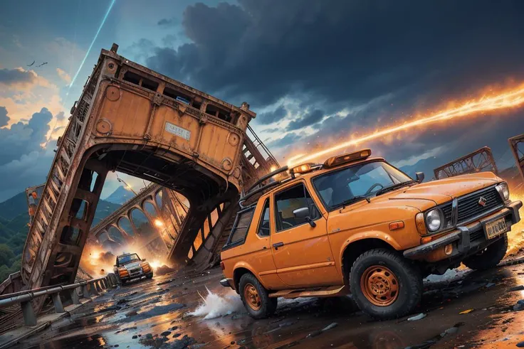 (dynamic camera:1.3),masterpiece, orange colored car Suzuki on collapsed bridge, twisted metal, gaping chasms, severed transportation routes high speed, RAW photo, full sharp, (FullHD epic wallpaper) 8k uhd, dslr, soft lighting, high quality, film grain, Fujifilm XT3