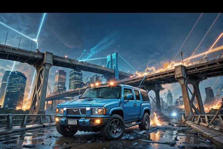 (dynamic camera:1.3),masterpiece,  blue colored car Hummer on collapsed bridge, twisted metal, gaping chasms, severed transportation routes high speed, RAW photo, full sharp, (FullHD epic wallpaper) 8k uhd, dslr, soft lighting, high quality, film grain, Fujifilm XT3