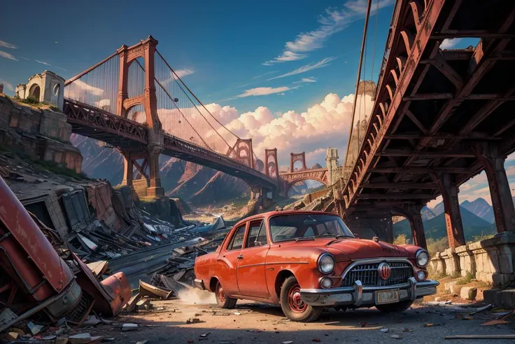 (dynamic camera:1.3),masterpiece, Crimson colored car Buick on collapsed bridge, twisted metal, gaping chasms, severed transportation routes high speed, RAW photo, full sharp, (FullHD epic wallpaper) 8k uhd, dslr, soft lighting, high quality, film grain, Fujifilm XT3