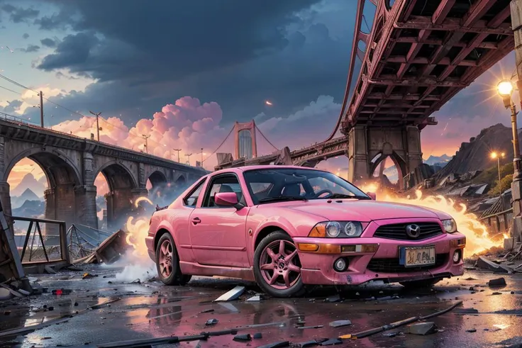 (dynamic camera:1.3),masterpiece, Pink colored car Mazda on collapsed bridge, twisted metal, gaping chasms, severed transportation routes high speed, RAW photo, full sharp, (FullHD epic wallpaper) 8k uhd, dslr, soft lighting, high quality, film grain, Fujifilm XT3