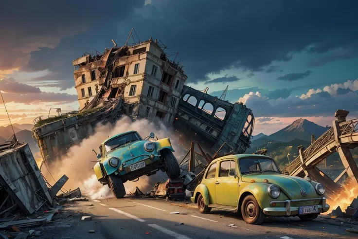 (dynamic camera:1.3),masterpiece,  Lime colored car Volkswagen on collapsed bridge, twisted metal, gaping chasms, severed transportation routes high speed, RAW photo, full sharp, (FullHD epic wallpaper) 8k uhd, dslr, soft lighting, high quality, film grain, Fujifilm XT3