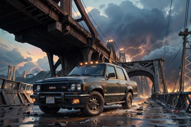 (dynamic camera:1.3),masterpiece, black colored car GM on collapsed bridge, twisted metal, gaping chasms, severed transportation routes high speed, RAW photo, full sharp, (FullHD epic wallpaper) 8k uhd, dslr, soft lighting, high quality, film grain, Fujifilm XT3