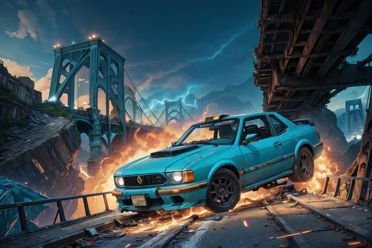 (dynamic camera:1.3),masterpiece,  Cyan colored car GM on collapsed bridge, twisted metal, gaping chasms, severed transportation routes high speed, RAW photo, full sharp, (FullHD epic wallpaper) 8k uhd, dslr, soft lighting, high quality, film grain, Fujifilm XT3