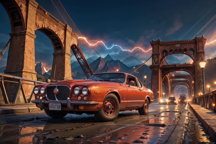 (dynamic camera:1.3),masterpiece, Crimson colored car Jaguar on collapsed bridge, twisted metal, gaping chasms, severed transportation routes high speed, RAW photo, full sharp, (FullHD epic wallpaper) 8k uhd, dslr, soft lighting, high quality, film grain, Fujifilm XT3