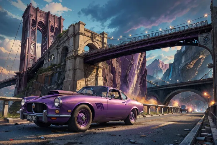 (dynamic camera:1.3),masterpiece,  purple colored car Jaguar on collapsed bridge, twisted metal, gaping chasms, severed transportation routes high speed, RAW photo, full sharp, (FullHD epic wallpaper) 8k uhd, dslr, soft lighting, high quality, film grain, Fujifilm XT3