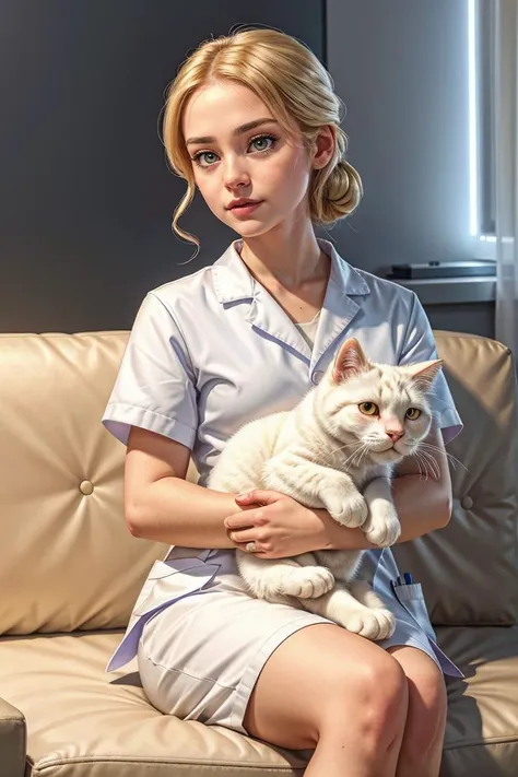 A doctor holds a white cat in both hands, sitting on sofa in hospital, RAW photo, full sharp, (FullHD epic wallpaper) 8k uhd, dslr, soft lighting, high quality, film grain, Fujifilm XT3
