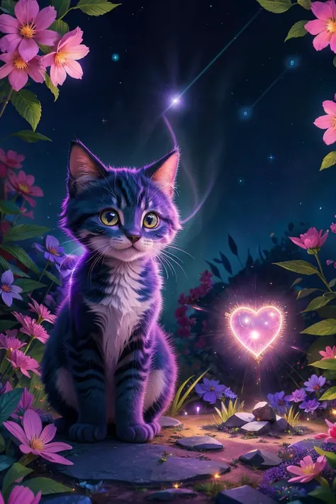 (dynamic pose:1.2),(dynamic camera),close-up cute adorable cute mage kitten made as constellation in a bioluminescent violet red love garden, explosion of cuteness, RAW photo, full sharp, (FullHD epic wallpaper) 8k uhd, dslr, soft lighting, high quality, film grain, Fujifilm XT3