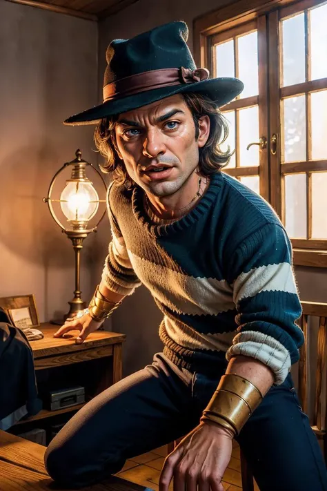 (dynamic pose:1.2),(dynamic camera),(close-up) Araffe dressed as a man male with a striped sweater and hat, Freddy Krueger, Estilo Freddy Krueger, terror, Close-up de corpo inteiro, imagem detalhada, horror!! altamente detalhado, figura, horror altamente detalhado, hand-carved, animatronic, hand, Filme de terror Slasher, pose assustadora e raivosa, sharp claws on the hand of the glove, freddy krueguer, RAW photo, full sharp, (FullHD epic wallpaper) 8k uhd, dslr, soft lighting, high quality, film grain, Fujifilm XT3, (natural colors, correct white balance, color correction, dehaze,clarity),(action movement, three-dimensional picture, impressive)
