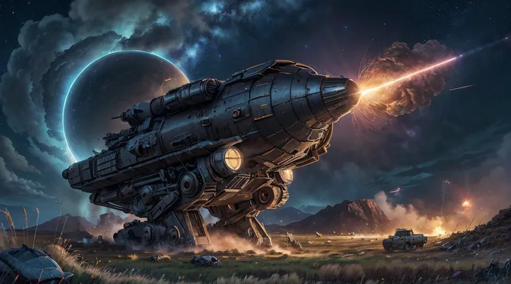 (dynamic pose:1.2),(dynamic camera),sci-fi war battle, alien spaceship in sky,(a [truck|laser weapon] riding on dirty grass hill) (masterpiece), epic terror fired missle explosion, rainstorm, (wind dust dirty splash in foreground), (tornado in background),night time, (cell shaded:1.2), (high speed:1.2),(fish-eye lens 12mm:1.3) <lora:ConstructionyardAIV3:0.45>, dark theme <lora:lowra_v10:0.15>, RAW photo, full sharp, (FullHD epic wallpaper) 8k uhd, dslr, soft lighting, high quality, film grain, Fujifilm XT3