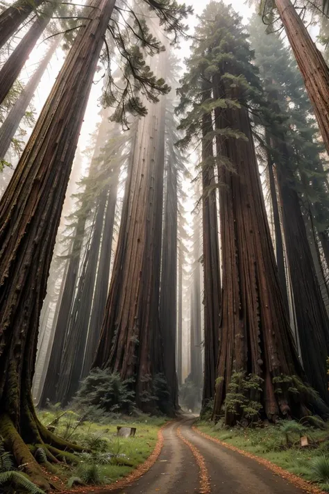 Mystic Foggy Forests: Lose yourself in the ethereal beauty of the Redwood National and State Parks in California, as ancient towering trees are enveloped in a mystical fog, RAW photo, full sharp, (FullHD epic wallpaper) 8k uhd, dslr, soft lighting, high quality, film grain, Fujifilm XT3