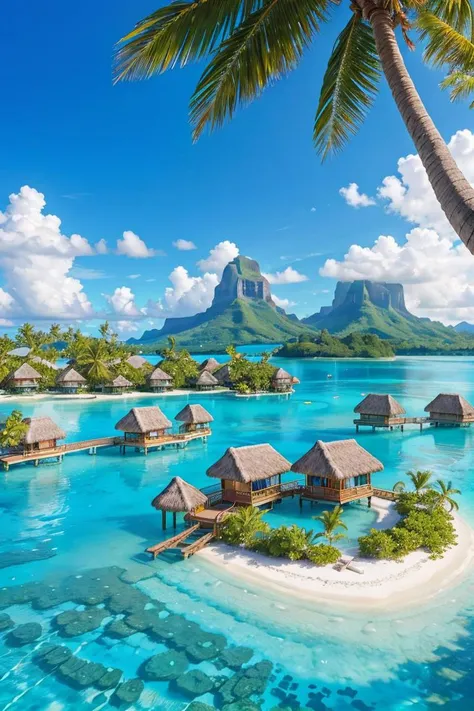 Tranquil Lagoons: Discover the idyllic beauty of Bora Bora in French Polynesia, with its crystal-clear lagoons, powdery white sand beaches, and overwater bungalows, RAW photo, full sharp, (FullHD epic wallpaper) 8k uhd, dslr, soft lighting, high quality, film grain, Fujifilm XT3