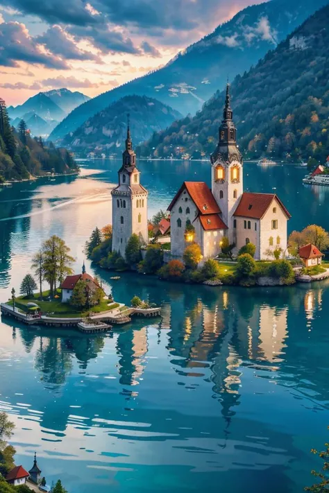 The Serene Lake Bled: Admiring the picturesque beauty of Lake Bled in Slovenia, with its tranquil waters, island church, and medieval castle, RAW photo, full sharp, (FullHD epic wallpaper) 8k uhd, dslr, soft lighting, high quality, film grain, Fujifilm XT3
