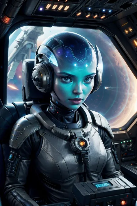 A Alien (from a different planet) in the cockpit sitting on the pilot's seat flying a spaceship at Earth. Science fiction, high resolution, shot of the night, RAW photo, full sharp, (FullHD epic wallpaper) 8k uhd, dslr, soft lighting, high quality, film grain, Fujifilm XT3