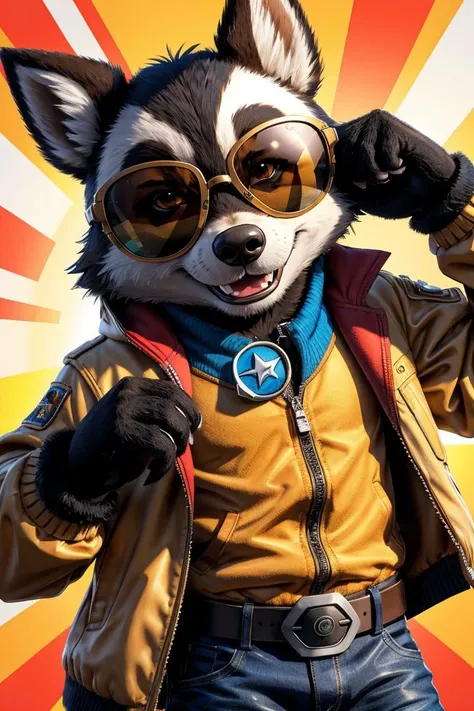 (dynamic pose:1.2),(dynamic camera),a badger wearing sunglasses and a jacket, fur, high detail iconic character, googles, fursona wearing stylish clothes, close up character, super cool rocket, nick wilde