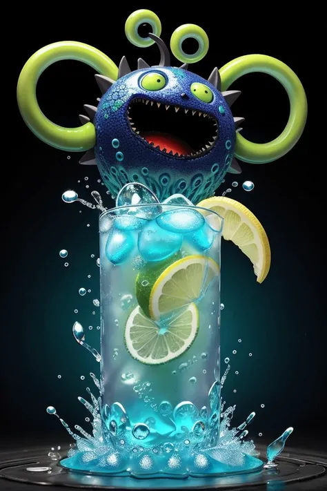 artwork Kool aide man chuthulu yelling "Oh yeah!" and crashing through the abyss, eldritch abomination, the old god, green, hyper detailed, refreshing drink, blue drink, lemon slice
