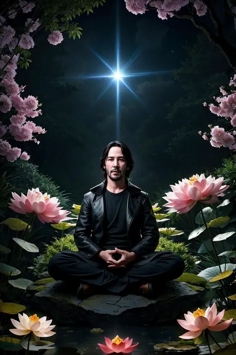 Mysterious, fantasy: Keanu Reeves meditates in a garden filled with levitating lotus flowers. Cosmic energies are drawn to him, creating an orbit of protective light that repels approaching darkness
,RAW photo, full sharp, (FullHD epic wallpaper) 8k uhd, dslr, natural lighting, high quality, (hdr)