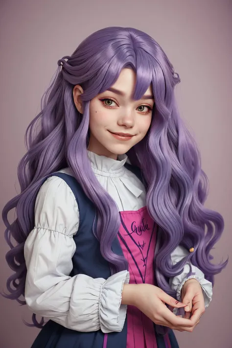 portrait photo of <lora:tenletters_v1:.9> tenletters, focus on smiling face, wearing conservative clothing, her purple pizzazz color hair is styled as romantic waves hair,