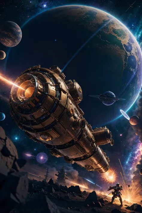 Steampunk outer space battle, epic sci-fi battle, masterpiece, amazing galaxy, RAW photo, full sharp, (FullHD epic wallpaper) 8k uhd, dslr, soft lighting, high quality, film grain, Fujifilm XT3