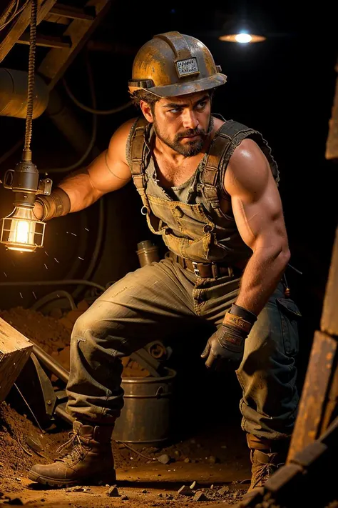 (dynamic pose:1.2),(dynamic camera),A lifelike and gritty portrayal of a miner at work deep within the mines. The miner should be shown covered in dirt and wearing protective gear, working with mining equipment. The details of the miner's attire, worn expression, and the rugged environment should be captured with precision. The lighting should simulate the dim and rugged conditions of a mine. The camera should use a wide-angle lens (24mm) to capture the expanse of the mining environment. The shot should be a mid-action shot, showcasing the miner's determination. The image should be rendered in high resolution (4K) for authenticity. (depths of determination:1.3), (gritty portrayal:1.15), (mining equipment:1.1), (rugged conditions:1.15), (dim lighting:1.2), (wide-angle lens:1.2), (mid-action shot:1.1), (high resolution:1.2), RAW photo, full sharp, (FullHD epic wallpaper) 8k uhd, dslr, soft lighting, high quality, film grain, Fujifilm XT3