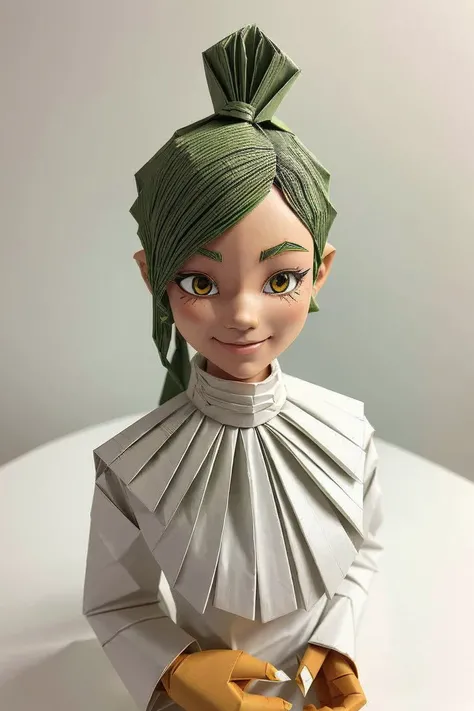 (origami style, paper art, pleated paper, folded, origami art, pleats, cut and fold, centered composition:1.2) upper body <lora:LauraTaylor_v1:.9> LauraTaylor, focus on smiling face, wearing a turtleneck , her leprechaun color hair is styled as Straight Sleek and Braided,