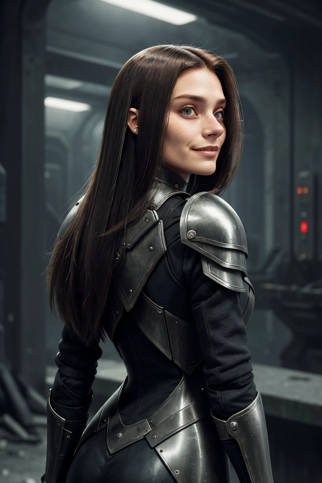 (dystopian depiction, dark, bleak, futuristic, detailed:1.15), upper body <lora:sd15_JessicaClements_v1:.9> JessicaClements, focus on smiling face, from behind wearing leather armor , her hair is styled as Straight Pin-Straight Hair,