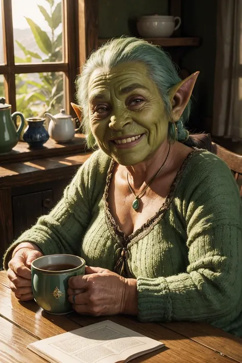 (smiling old orc grandmother), green skin,sitting at the table with a mug of tea, in a nice and cozy room, RAW photo, full sharp, (FullHD epic wallpaper) 8k uhd, dslr, soft lighting, high quality, film grain, Fujifilm XT3,realistic,hyper-realism,photo shadows,photographic