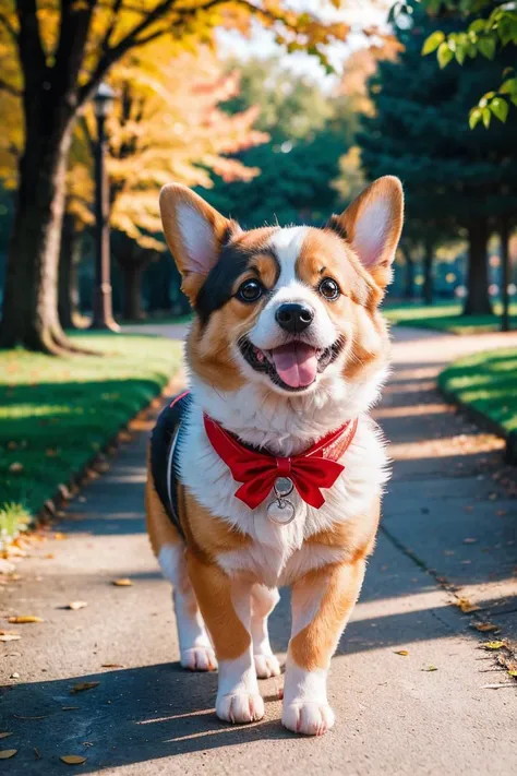 a cute pet corgi,wearing a red ribbon,walk in the park, RAW photo, full sharp, (FullHD epic wallpaper) 8k uhd, dslr, soft lighting, high quality, film grain, Fujifilm XT3,realistic,hyper-realism,photo shadows,photographic