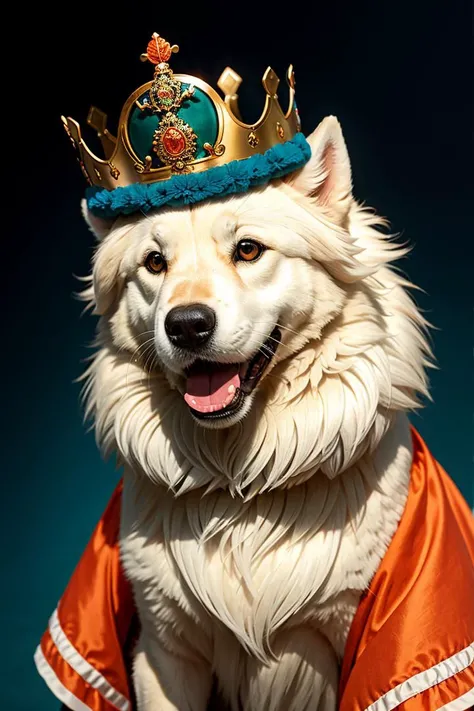 Samoyed wearing an English dress with a British crown on his head, RAW photo, full sharp, (FullHD epic wallpaper) 8k uhd, dslr, soft lighting, high quality, film grain, Fujifilm XT3, Black orange and teal_green colors