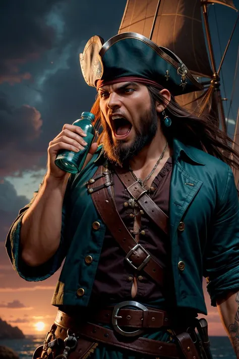 a angry screaming pirate holding bottle in hand . dnd fantasy characters. night time, RAW photo, full sharp, (FullHD epic wallpaper) 8k uhd, dslr, soft lighting, high quality, film grain, Fujifilm XT3, Black orange and teal_green colors