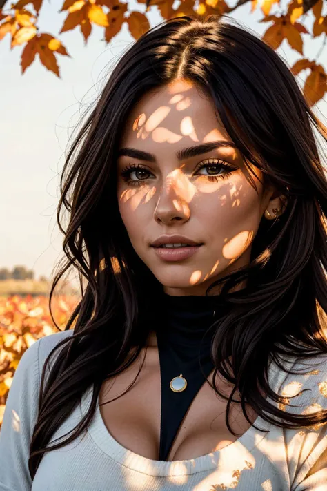 instagram photo, upper body photo of Valentina, (from Mexico:1.3), 25 years old, flowing hair AND wind, autumn, leafs, warm complexion and dark, (smile:0.4), her eyes exuding passion and vitality, warm golden hour lighting
