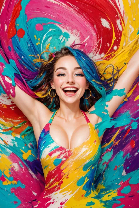 Abstract photo, upper body photo of 24 years old Victoria, abstract expressionism style, a happy woman surrounded by vibrant, swirling colors, radiant smile, eyes filled with joy and laughter, emotions splashed across the canvas, a burst of positivity and happiness, <lora:more_details:0.4>