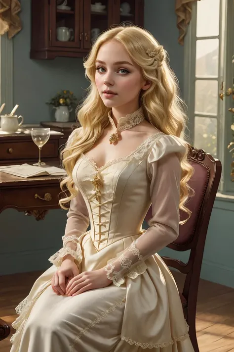 (masterpiece, best quality), 1girl, beautiful face, <lora:victorian_dress-1.0:1> victorian dress, blonde hair, long hair, sitting on an chair,