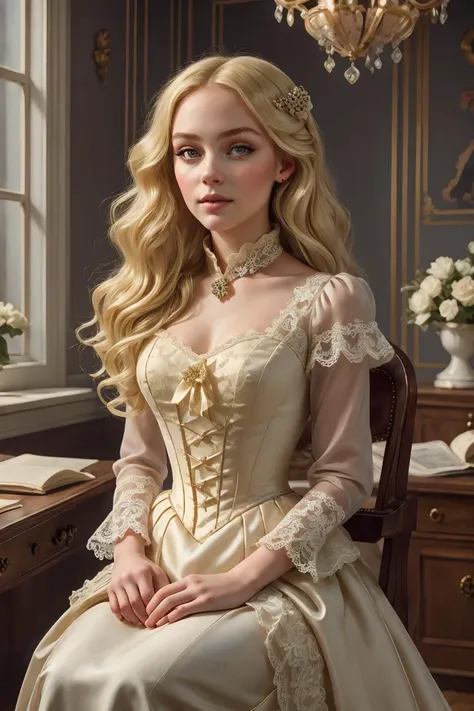 (masterpiece, best quality), 1girl, beautiful face, <lora:victorian_dress-1.0:1> victorian dress,  blonde hair, long hair, sitting on an chair,