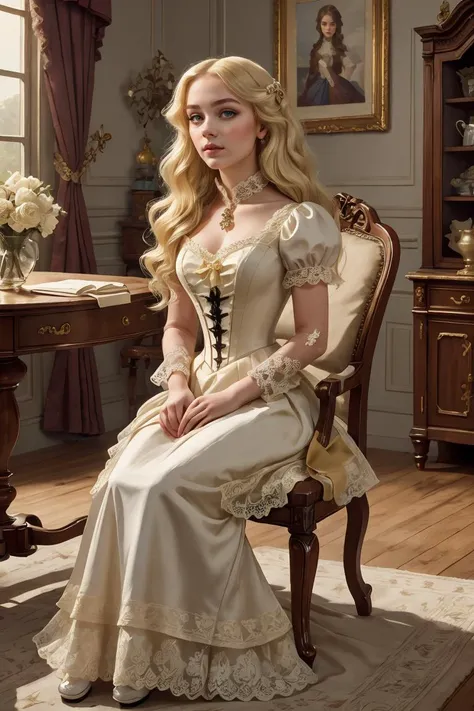 (masterpiece, best quality), 1girl, beautiful face, <lora:victorian_dress-1.0:1> victorian dress, blonde hair, long hair, sitting on an chair,