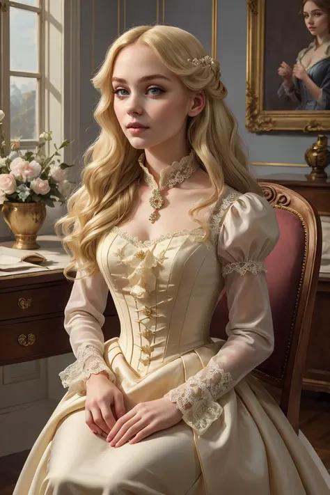 (masterpiece, best quality), 1girl, beautiful face, <lora:victorian_dress-1.0:1> victorian dress,  blonde hair, long hair, sitting on an chair,