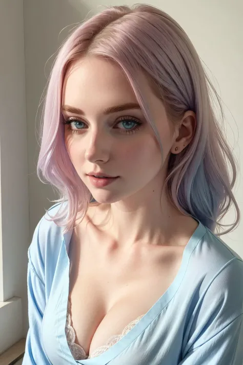 instagram photo, closeup face photo of 27 y.o Rachel in pastel blue oversized shirt, cleavage, pale skin, (Flirty and inviting:0.8), hard shadows