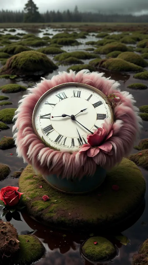 <lora:FluffyStyle:1> FluffyStyle expired clock doubling as a wilted rose on a gloomy rainy bog, epiCRealism