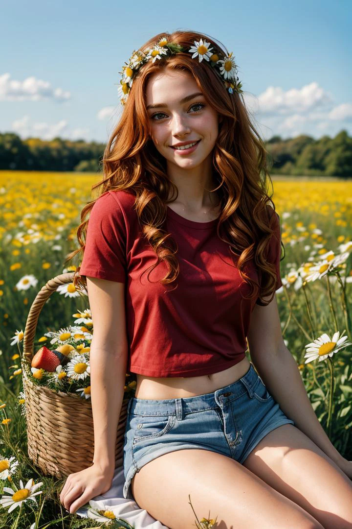 (girl:1.2),solo, (ginger curly long hair:1.1), brown eyes, wreath of daisies on her head, sitting in a field of daisies, smile, (fruit basket:1.1), blue shorts, red shirt,,RAW,photographic,photo shadows,realistic,absurdres,aesthetic,elegant