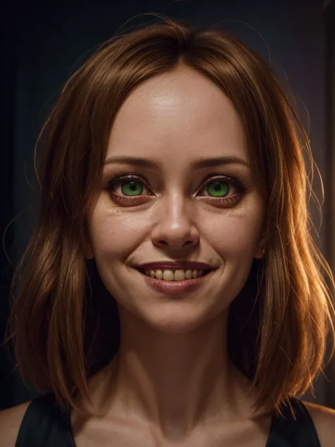 girl, cinematic, photorealistic, atmospheric, incredibly absurdres, upper body portrait, head tilted, demon eyes, ((constricted pupils)), crazy eyes, crazy smile, grinning, ( ahoge:1.2) ,Cinematic,((((cinematic look)))) , slate atmosphere, cinematic, dimmed colors, dark shot, muted colors, film grainy, lut, spooky <lora:ReaLora:0.7>