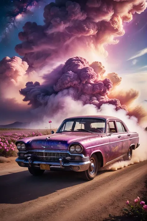 RAW Photography,Hyperrealistic a retro car drives at high speed along the road in clouds of dust and smoke detailed with blooming flowers, ethereal cloud animals with shimmering outlines, passengers gazing in awe, vast sky with swirling galaxies, cosmic colors (purples, blues, pinks), dramatic lighting, mystical atmosphere, (sharpness in detail:1.1), Canon EOS 5D Mark IV, masterpiece, 35mm photograph, (iconic photograph:1.4), (visual storytelling:1.2), film grain, award winning photography,vibrant use of light and shadow, vivid colors,high quality textures of materials, volumetric textures perfect composition, dynamic play of light, rich colors, epic shot, perfectly quality, natural textures,high detail, high sharpness, high clarity, detailed ,photoshadow, intricate details, 8k