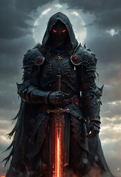 A stunning, highly detailed dark fantasy full body illustration of a proud demonic male warrior wearing intricate medieval black HKStyle armor and an epic black ornamented mask, holding a great crimson glowing sword, red glooming eyes, , wearing big gauntlets, epic composition. The warrior stands heroic with a flowing cloak and black hood during a storm with foggy gloom, thunderclouds in the background . The scene depicts him with brooding emotional agony , style by Greg Rutkowski, by Milo Manara and Russ Mills, with insanely intricate details and textures, gloomy dramatic lighting, 8K resolution. <lora:HKStyle:1>