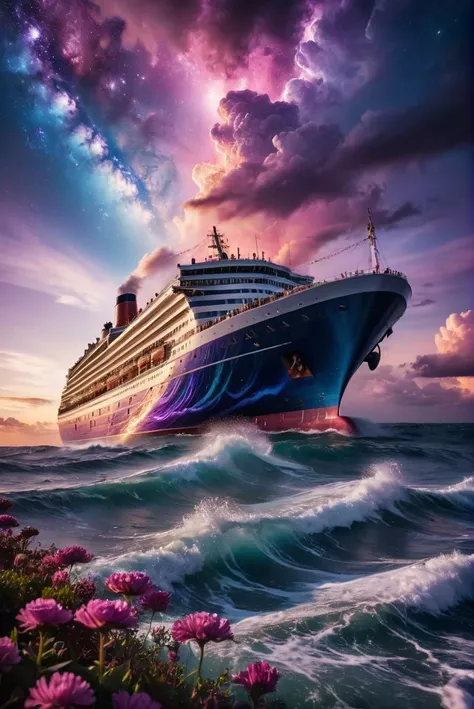 RAW Photography,Hyperrealistic ship liner in the ocean waves detailed with blooming flowers, ethereal cloud animals with shimmering outlines, passengers gazing in awe, vast sky with swirling galaxies, cosmic colors (purples, blues, pinks), dramatic lighting, mystical atmosphere, (sharpness in detail:1.1), Canon EOS 5D Mark IV, masterpiece, 35mm photograph, (iconic photograph:1.4), (visual storytelling:1.2), film grain, award winning photography,vibrant use of light and shadow, vivid colors,high quality textures of materials, volumetric textures perfect composition, dynamic play of light, rich colors, epic shot, perfectly quality, natural textures,high detail, high sharpness, high clarity, detailed ,photoshadow, intricate details, 8k
