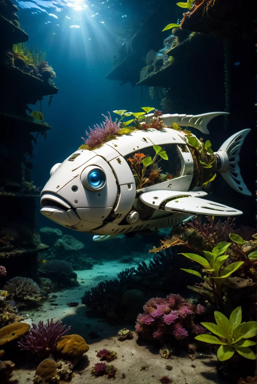 RAW Photography,at the bottom of the seaï¼dilapidated abandoned white plastic ai robot bot big mechanical fishï¼covered with plantsï¼The light is darkï¼ ï¼ï¼A masterpiece full of horror elementsï¼ï¼ï¼, (sharpness in detail:1.1), Canon EOS 5D Mark IV, masterpiece, 35mm photograph, (iconic photograph:1.4), (visual storytelling:1.2), film grain, award winning photography,vibrant use of light and shadow, vivid colors,high quality textures of materials, volumetric textures perfect composition, dynamic play of light, rich colors, epic shot, perfectly quality, natural textures,high detail, high sharpness, high clarity, detailed ,photoshadow, intricate details, 8k