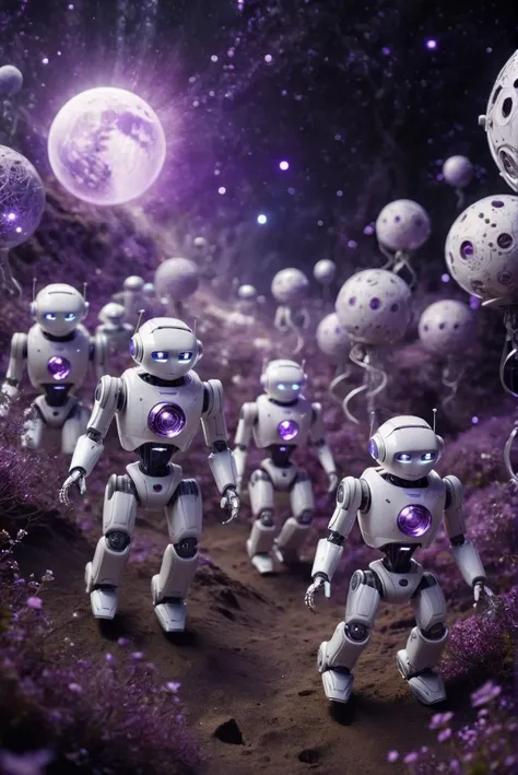 cute white plastic robots moving from one planet to another, intricate detailed background, magical atmosphere, wind of magic spell in the air, dark magic, purple glowing floating particles, whimsical fantasy art concept,fine textures,high quality textures of materials, volumetric textures, natural textures
