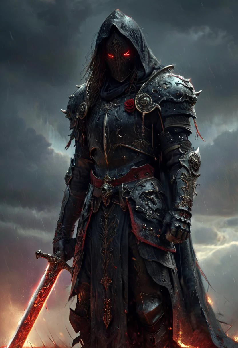 A stunning, highly detailed dark fantasy full body illustration of a proud demonic muscular male warrior wearing intricate medieval black HKStyle armor and an epic black ornamented mask, holding a great crimson glowing sword, red glooming eyes, , wearing big gauntlets, epic composition. The warrior stands heroic with a flowing cloak and black hood during a storm with foggy gloom, thunderclouds in the background . The scene depicts him with brooding emotional agony , style by Greg Rutkowski, by Milo Manara and Russ Mills, with insanely intricate details and textures, gloomy dramatic lighting, 8K resolution. <lora:HKStyle:1>