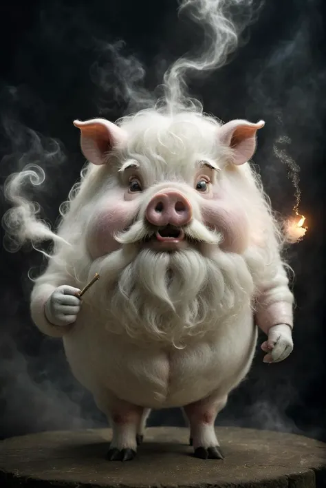 character, angry mr. staypuff marshmallow ghost make him extra fat with the face of a pig and a big scruff grey beard, intricate detailed background, magical atmosphere, wind of magic spell in the air, dark magic, glowing floating particles, whimsical fantasy art concept,fine textures,high quality textures of materials, volumetric textures, natural textures