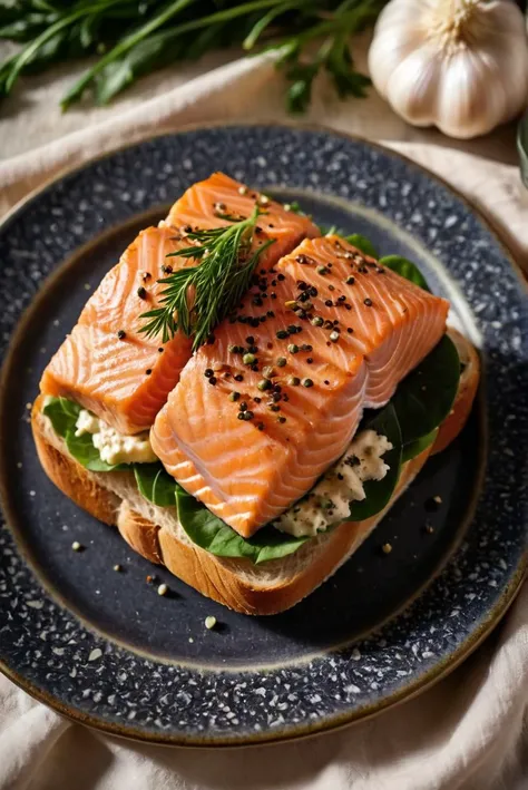 RAW Photography,a gourmet salmon fillet sandwich on thin, soggy bread, liberally smeared with mayonnaise, seasoned with salt and pepper. The sandwich is on premium black a golden abstract-patterned plate, framed by a lush array of garlic and foliage spices, top view,top-down angle, macro lens, soft natural lighting, warm color palette, focus on textural contrast, bokeh effect on the floral background, a sense of decadence, (sharpness in detail:1.1), Canon EOS 5D Mark IV, masterpiece, 35mm photograph, (iconic photograph:1.4), (visual storytelling:1.2), film grain, award winning photography,vibrant use of light and shadow, vivid colors,high quality textures of materials, volumetric textures perfect composition, dynamic play of light, rich colors, epic shot, perfectly quality, natural textures,high detail, high sharpness, high clarity, detailed ,photoshadow, intricate details, 8k