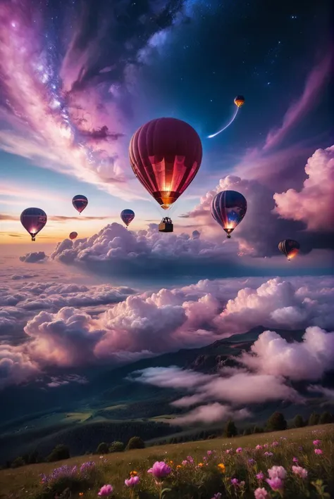 RAW Photography,Hyperrealistic aerostat in the clouds detailed with blooming flowers, ethereal cloud animals with shimmering outlines, passengers gazing in awe, vast sky with swirling galaxies, cosmic colors (purples, blues, pinks), dramatic lighting, mystical atmosphere, (sharpness in detail:1.1), Canon EOS 5D Mark IV, masterpiece, 35mm photograph, (iconic photograph:1.4), (visual storytelling:1.2), film grain, award winning photography,vibrant use of light and shadow, vivid colors,high quality textures of materials, volumetric textures perfect composition, dynamic play of light, rich colors, epic shot, perfectly quality, natural textures,high detail, high sharpness, high clarity, detailed ,photoshadow, intricate details, 8k